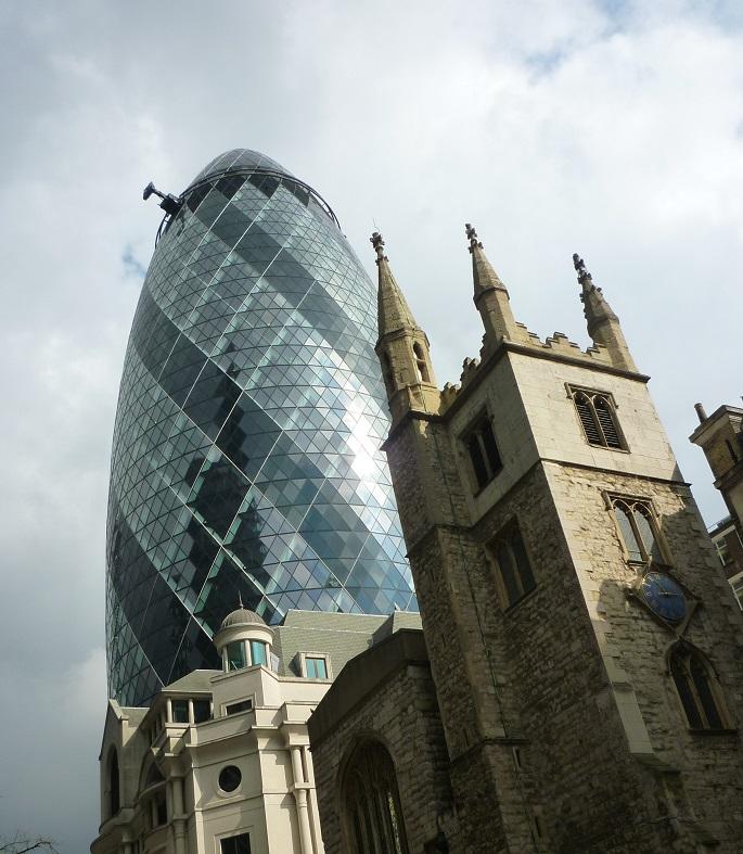 Gherkin above old church Study tour to London